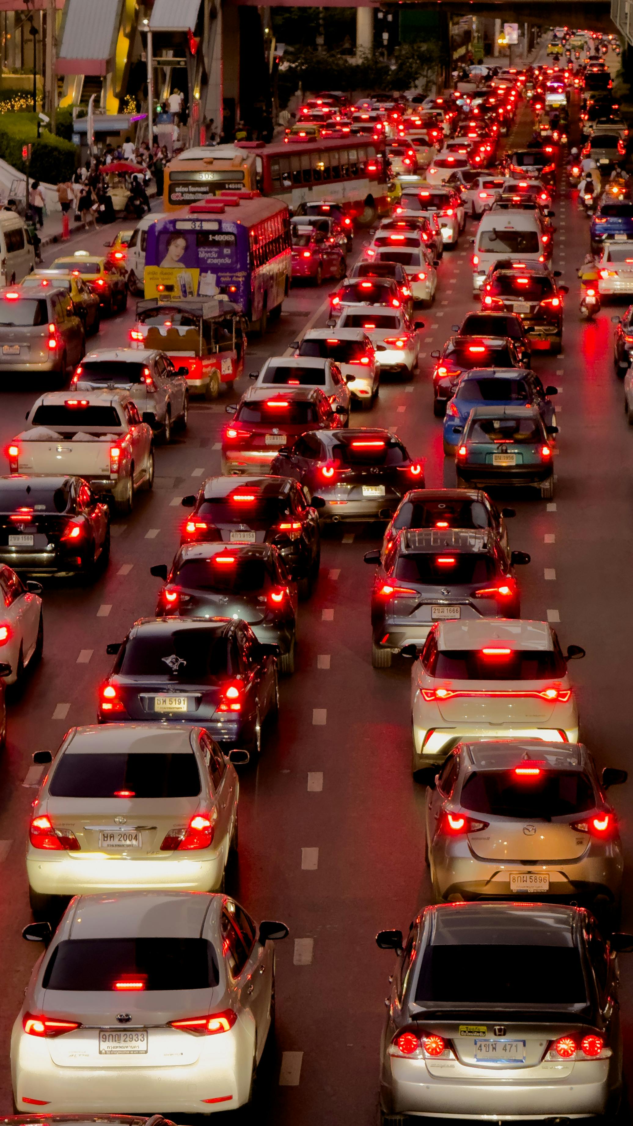 Traffic jam in a busy city at dusk